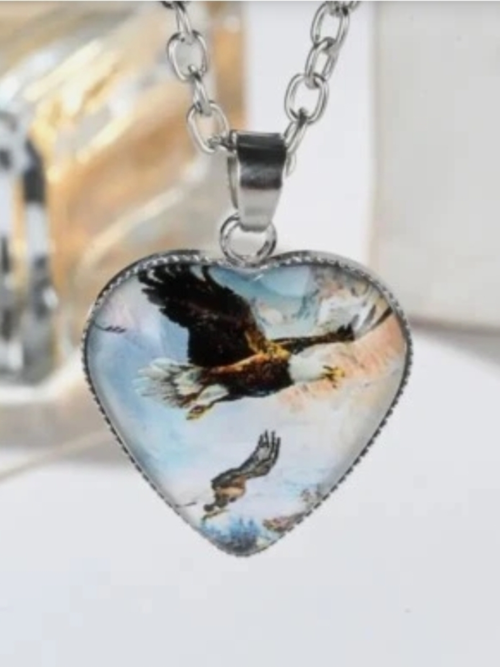 NWOT Heart Pendant Necklace with Eagle Artwork - Blue & White
